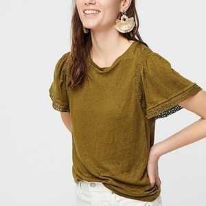J. CREW flutter sleeve linen tee with lace trim
